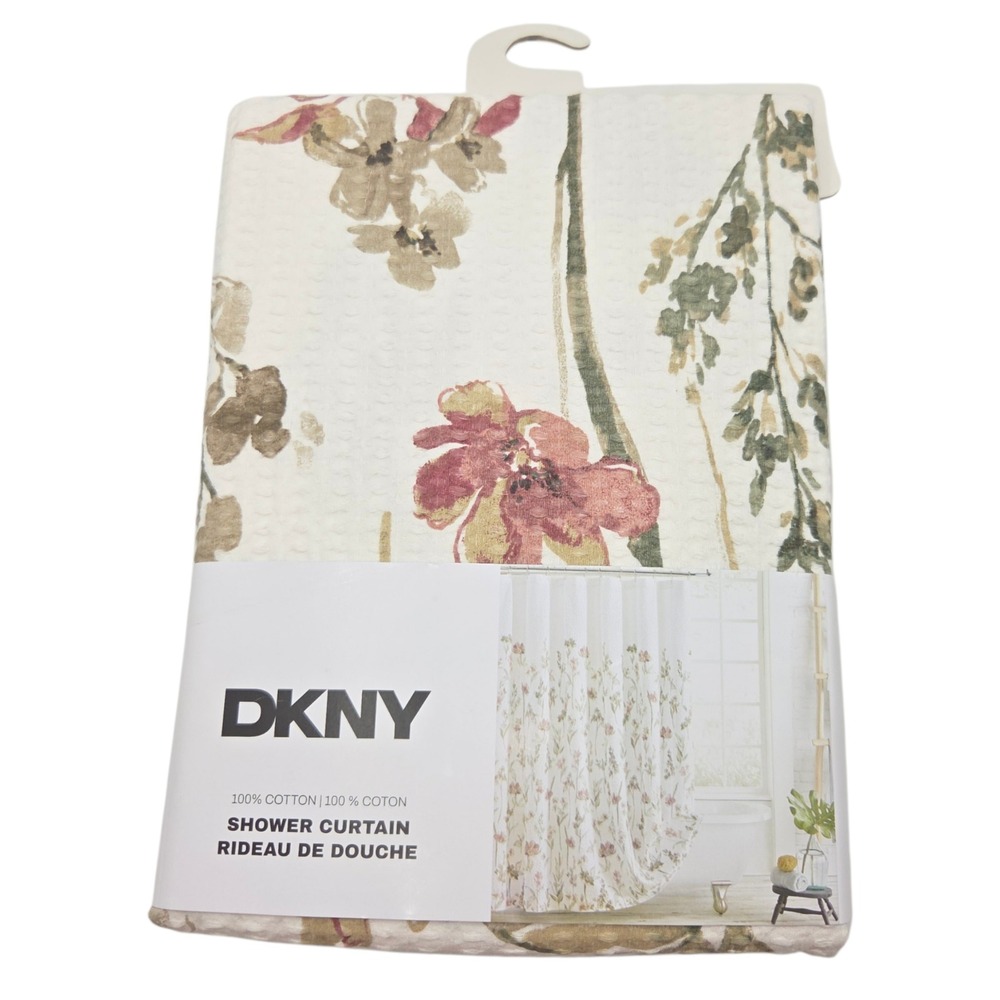 DKNY Chelsea Floral Shower Curtain Ivory Multi 72x72 Cotton Waffle Weave